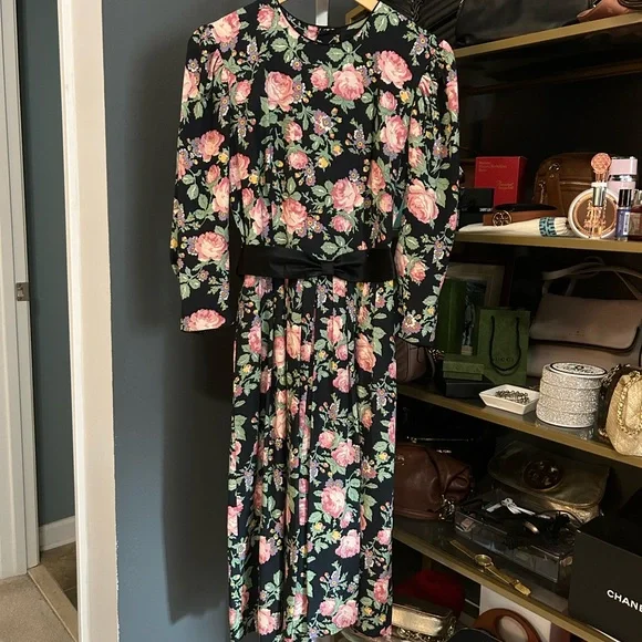 Vintage Lanz Originals Black Floral Dress Puff Sleeves 1980s Pristine Pockets - Picture 3 of 8